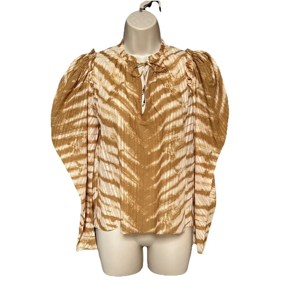 Ulla Johnson Madena Blouse Size 00 Sand Tie Dye Ruffle Boho Top